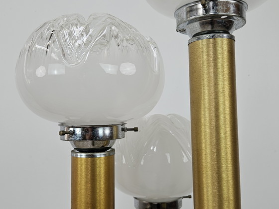Image 1 of Lámpara de pie de cristal de Murano de mediados de siglo en madera y metal con tres puntos de luz, década de 1970