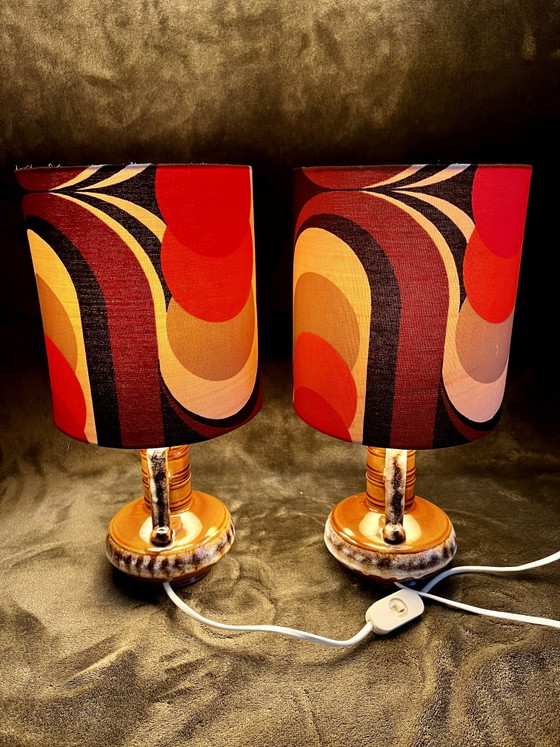 Unique Pair of Vintage 70s Table Lamps Scheurich 501/17 - Retro Pattern Shade - Perfect Condition – Ceramic (photo 10 of 10)