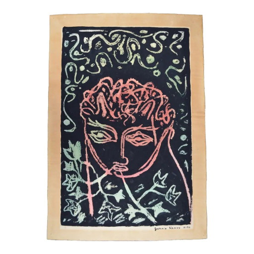 1950 Guillain Siroux “Visage Rose” Frans Modernistisch Mixed Media Portret