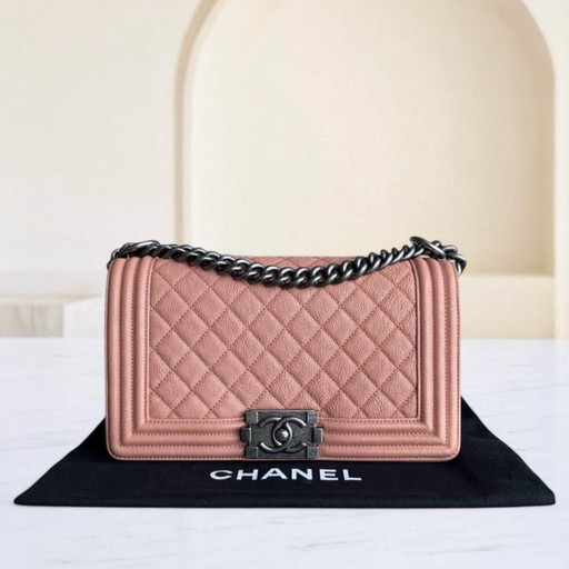 Chanel Boy Medium - Caviar 25CM Quilted Nude Blush Caramel Ruthenium Silver Hardware Series 26