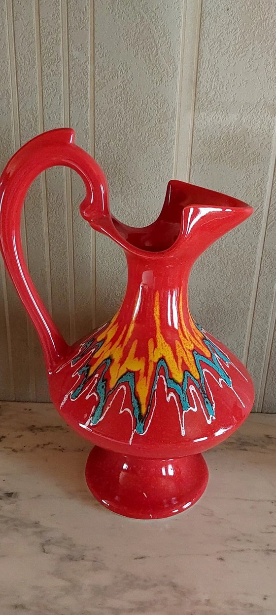 Pichet et Vase en Céramique Italienne, Glaçure Rouge Goutte à Goutte, Vintage (photo 2 sur 5)