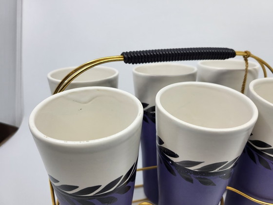 Erdecor Orangeade Basket and Cups, France, 1950, Set of 7, Tableware, Ceramic, Gold, Black (photo 10 of 11)