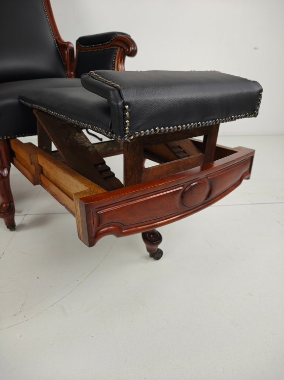 Antiker Bibliotheksstuhl aus dem 19. Jahrhundert von Horrix – Schwarzes Leder – Verstellbarer relaxsessel (photo 13 of 19)