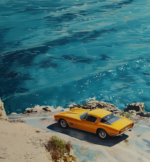 Alberto Ricardo - Auto En La Playa - Artist Lithograph – schilderijen tekeningen, Canvas