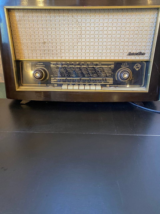 Point Bleu Soprano Tube Radio, Mahogany Lacquered Wood Cabinet, – decoratieve objecten, Chrome, Mid Century Modern