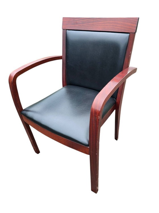 6 sedie Bridge contemporanee in mogano e pelle nera – Sedie da pranzo, Leather, Wood (photo 3 of 5)