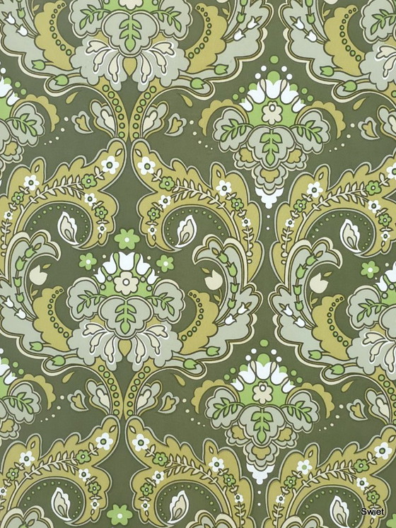 14297 Papier Peint Vintage Baroque New Old Stock Vert Olive Jaune Blanc – Décorations murales, Paper (photo 6 of 9)