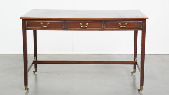 Image 1 of Writing table and a blue cowhide leather chesterfield office chair
