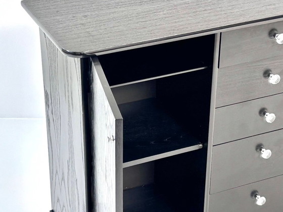 Vintage Sideboard in Black, 5 Drawers, Crystal Knobs & Chrome Feet, 1990s, Wood, Metal, Modern (photo 10 of 15)