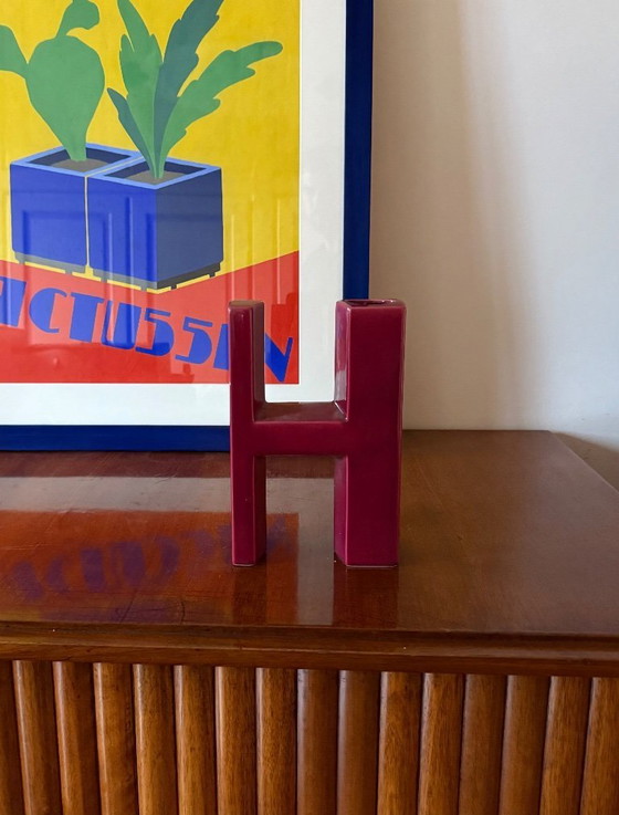 Image 1 of Jarrón solifleur de cerámica en forma de letra H roja de la era espacial, Marcel Radureau ca. 1970