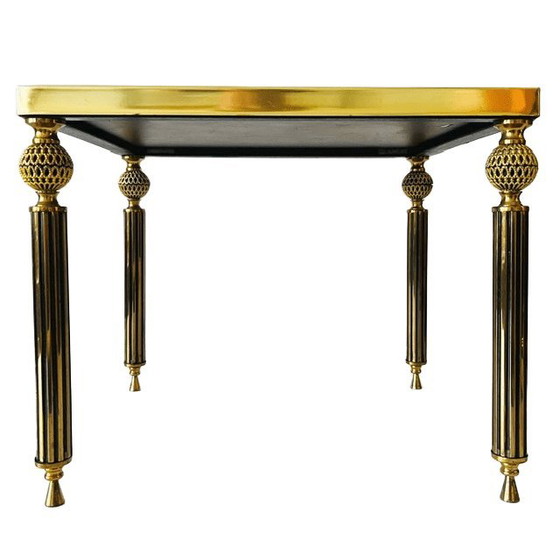 Image 1 of Table d'appoint vintage en laiton, verre fumé noir, style Hollywood Regency, années 1960