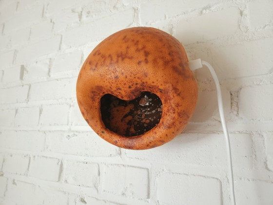 Image 1 of Keramieken vintage tafellamp, chamotte klei, oranje brutalist aardewerken mcm lamp