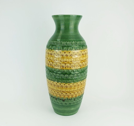 west german 1960s mid century VASE floorvase ü-keramik green ochre relief pattern model 1142-50