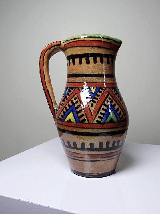 Image 1 of Small Moroccan glazed terracotta pitcher, signed, Berber decoration, 20th century