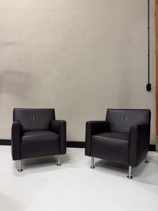 Lot de 2 fauteuils Leolux Rooby en cuir Senso aubergine de haute qualité