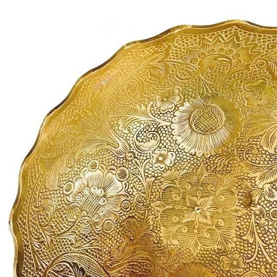 Image 1 of Vintage Oriental Engraved Peacock Brass Bowl Boho Patterns Flowers 1930's