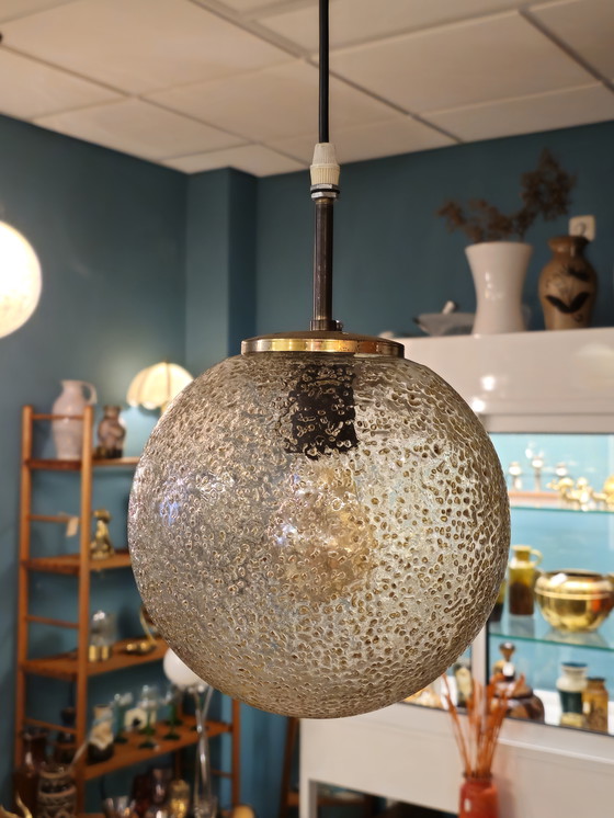 Image 1 of Vintage Hanglamp Glazen Bol Plafondlamp Lamp Messing 