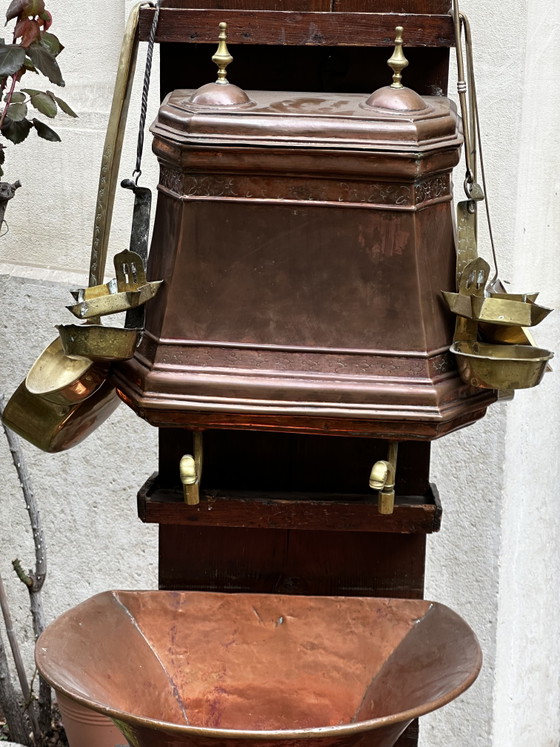 Image 1 of Large French Copper and Brass Wall-Mounted Kitchen Fountain with Basin, Early 19th Century