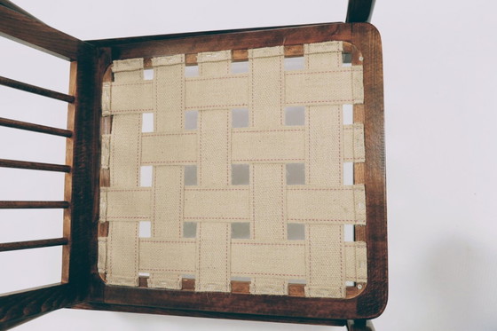 Image 1 of Vintage fauteuil naturel Lin beige wit gestreept houten frame 1965 mcm design