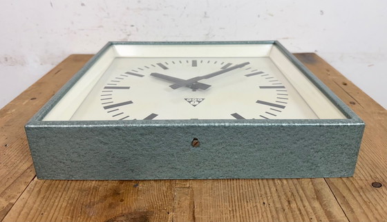 Image 1 of Green Industrial Square Wall Clock from Pragotron, 1970s