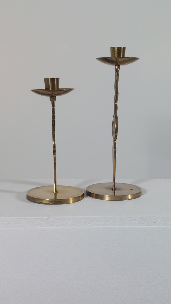 Image 1 of Pair of patinated vintage brass candlesticks, Memphis style, 1980s