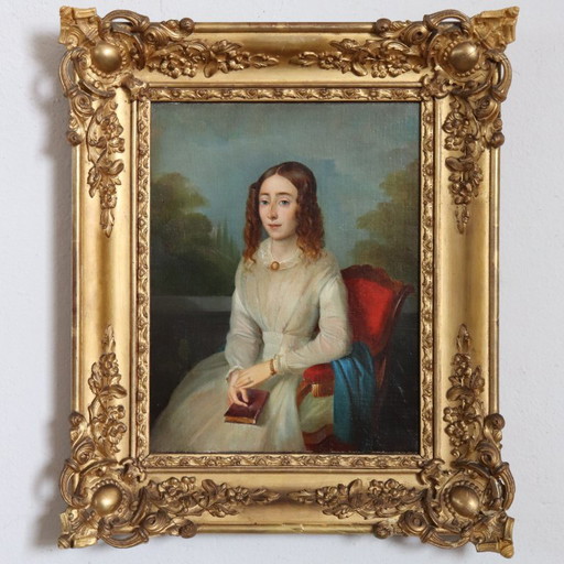 Portrait of a Young Woman with a Book, Oil Painting on Canvas, Italy 19th Century