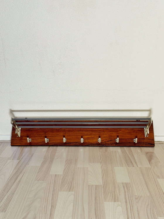 Image 1 of Vintage Art Deco Coat Rack with 7 Chrome hooks and Hat Shelf
