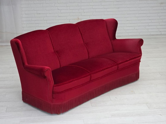 Image 1 of 1960s, Danish 3-seater curved sofa, red furniture velour.