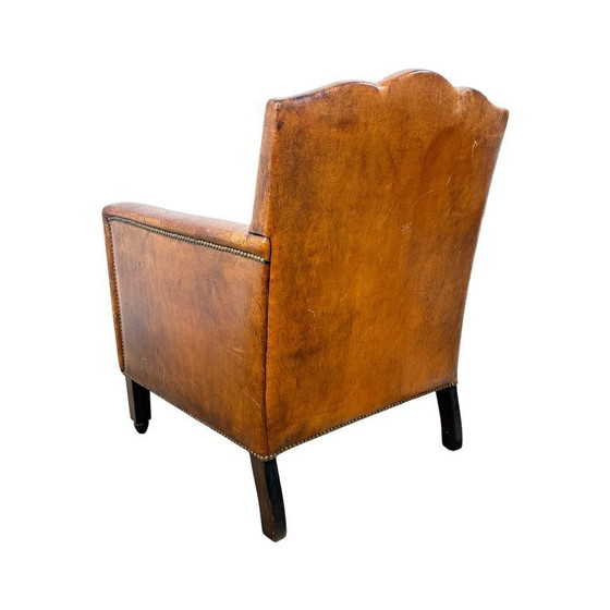 Image 1 of Antieke Franse moustache fauteuil – cognac leren clubstoel – begin 20e eeuw