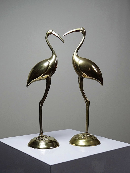 Paire de grands sujets Grues, Oiseaux en laiton décoratif Mid-Century vintages