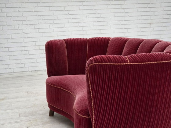 Image 1 of 1960s, Danish 2-seater "Banana" sofa, red furniture velour, oak wood.
