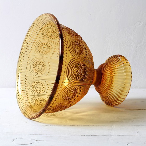 Image 1 of Ciotola con piedistallo color ambra, stile metà secolo / Moderno Vintage / Godinger / USA / Anni '90