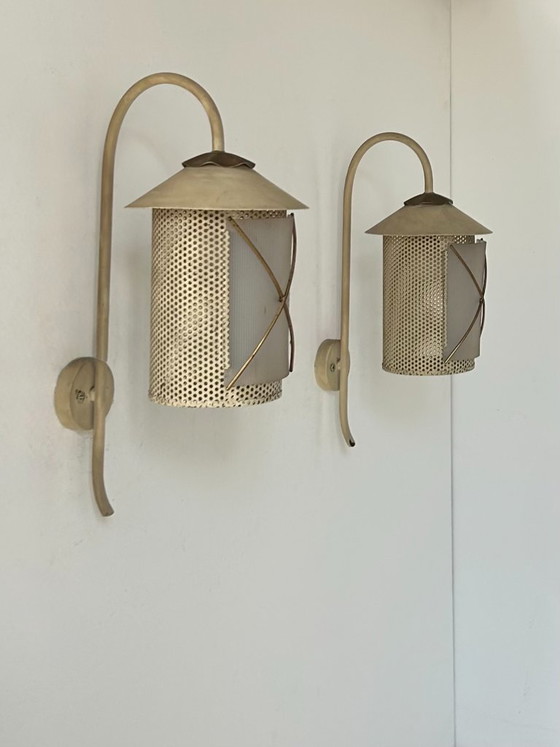 Image 1 of Pair of vintage wall lights in perforated metal, brass and perspex, France 1950
