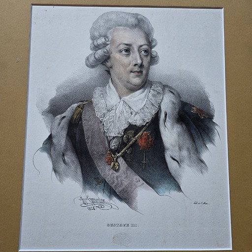 Litografía antigua de Gustavo III, obra de H. Grevedon, de 1828.