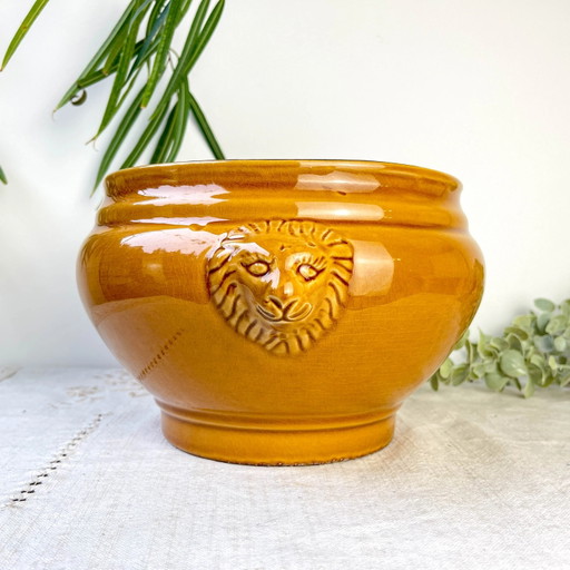 Sopera Vintage de Cerámica con Cabeza de León - Color Miel, Hecha en Francia - Elegancia y Tradición para Sus Recetas