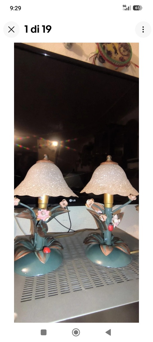 Pair of Vintage Fe Battuto Master Blacksmith Table Lamps H.28 L. – tafellampen, Glass, Iron