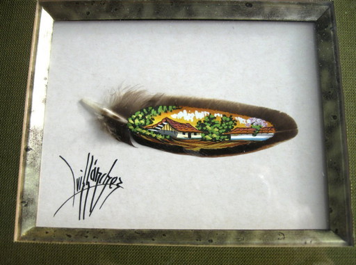Miniature landscape painted on a bird's feather