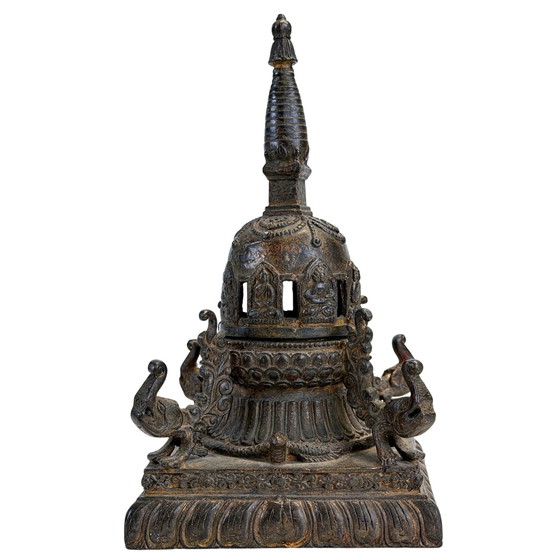 Quemador de incienso chaitya nepalí antiguo de bronce con Budas – finales del siglo XIX – Objetos decorativos (photo 6 of 11)