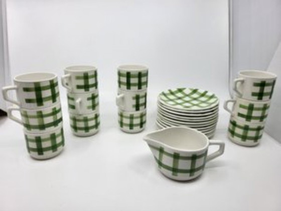 Image 1 of Moulin des Loups Orchies green tablecloth coffee set 1960 Vintage France