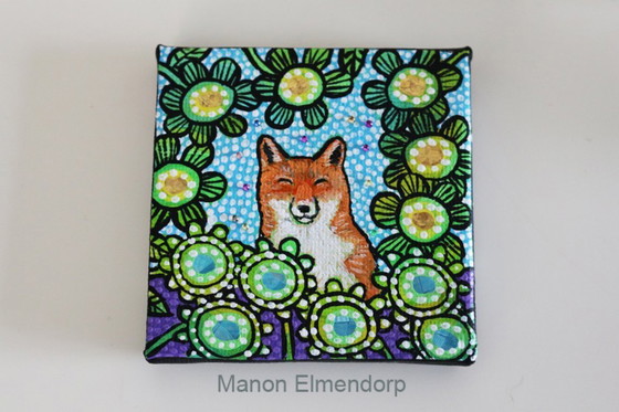 Image 1 of Unique Hand-Painted Small Painting with Donkey, Fox, and Flowers