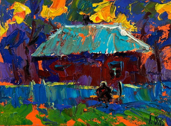 Image 1 of Original Oil Painting Colorful House Landscape Sky disappears into silence