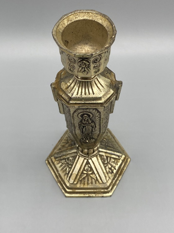 Antieke verzilverde kaarsenhouder met afbeelding van de Wonderbaarlijke Maagd Maria – Religieuze kunst (photo 5 of 7)