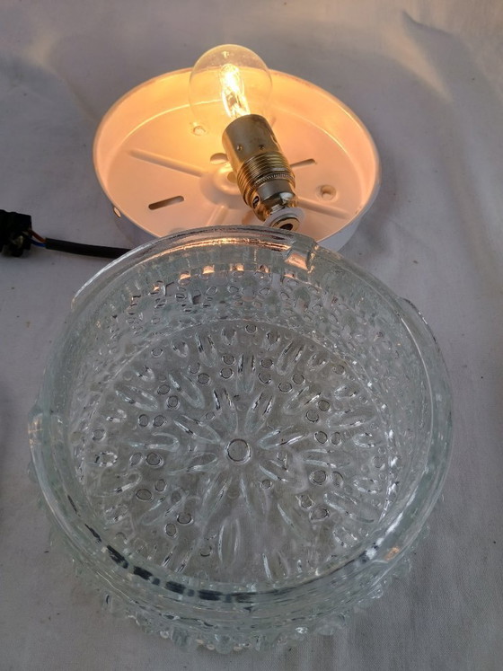 Image 1 of Vintage Glashütte Limburg 1960s Pressed Glass Ceiling Light - Textured Clear Glass Flush Mount Wall Sconce German Mid-Century