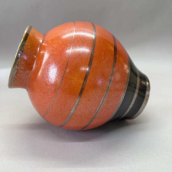 Image 1 of Art Deco vase – Boch Frères Keramis – ca. 1930 – orange, black & silver lustre