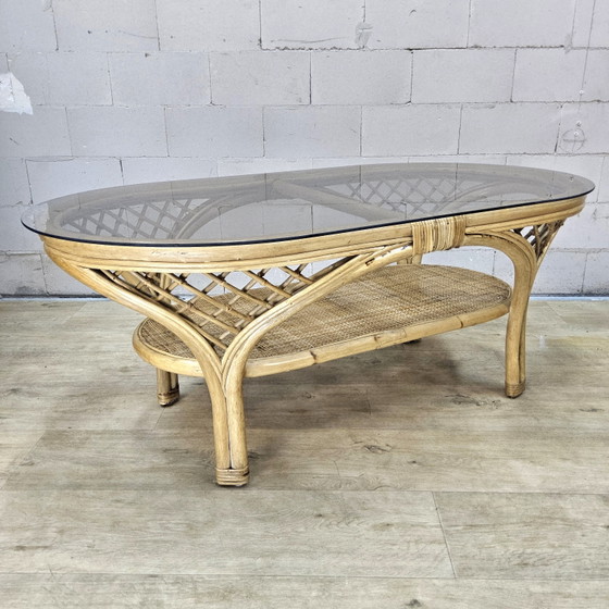 Table Basse Vintage en Rotin avec Plateau en Verre (années 70) Table d'Appoint Bohème / Coffeetable (photo 5 of 15)