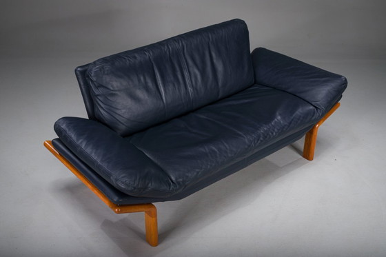 Image 1 of Danish Teak and Navy Blue Leather 2-Seater Sofa from Komfort, 1970s