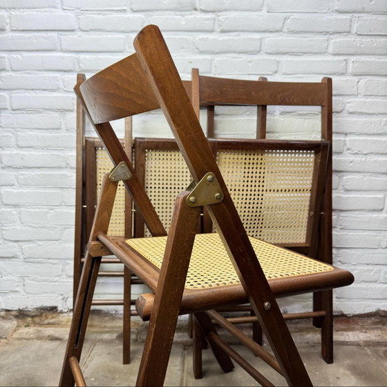 Image 1 of 4 x Chaises pliantes en bois cannées Mid Century - design italien avec cannage en sangle