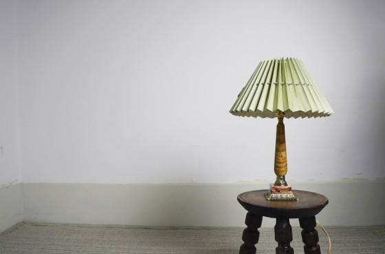 Image 1 of Vintage Pink Onyx Marble Table Lamp with Sage Green Pleated Shade, Italian Brass Bedside Lamp, Art Deco Hollywood Regency Accent