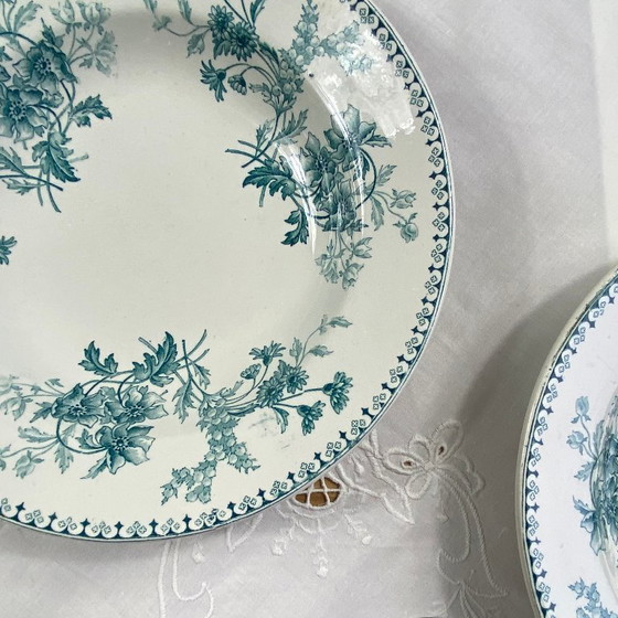 Image 1 of Set of 6 antique Sarreguemines ironstone soup plates, Elvire pattern, green and blue