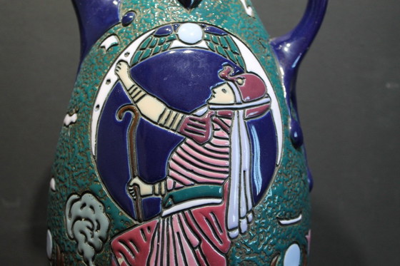 Image 1 of Czechsolovakian Art Deco Egyptian revival ceramic pitcher. 